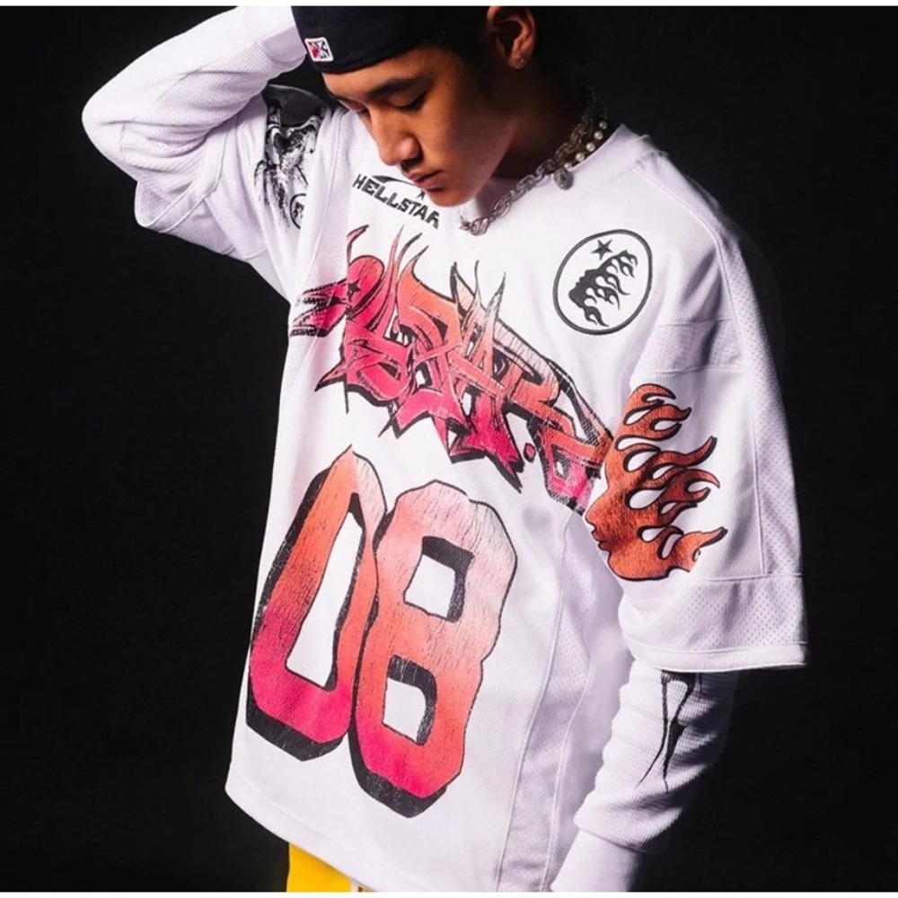 Hellstar White Graffiti Graphic Mesh Football Jersey 08 Mens Large